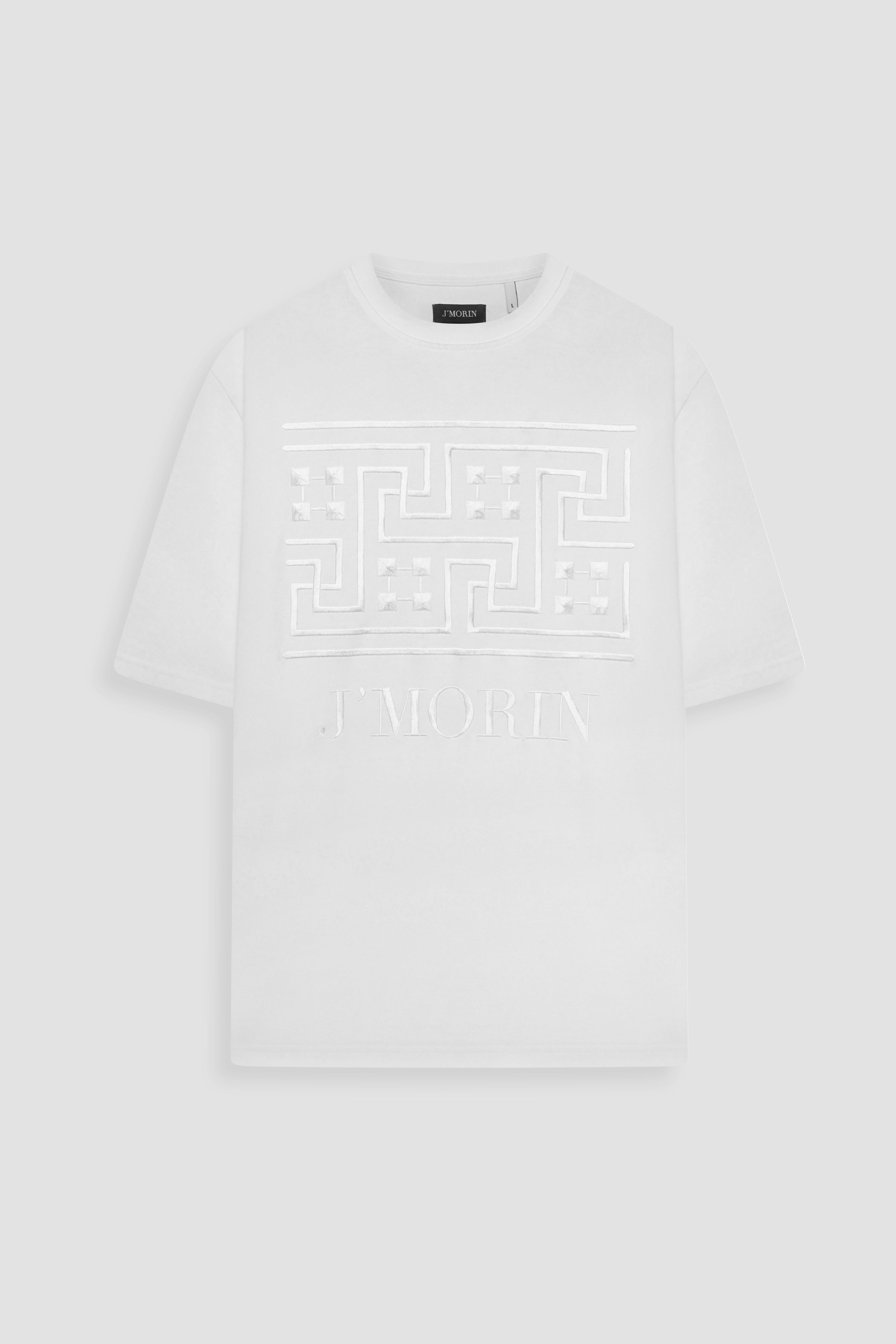 Embroidered Greek pattern short - sleeve, regular fit t-shirt -WHITE