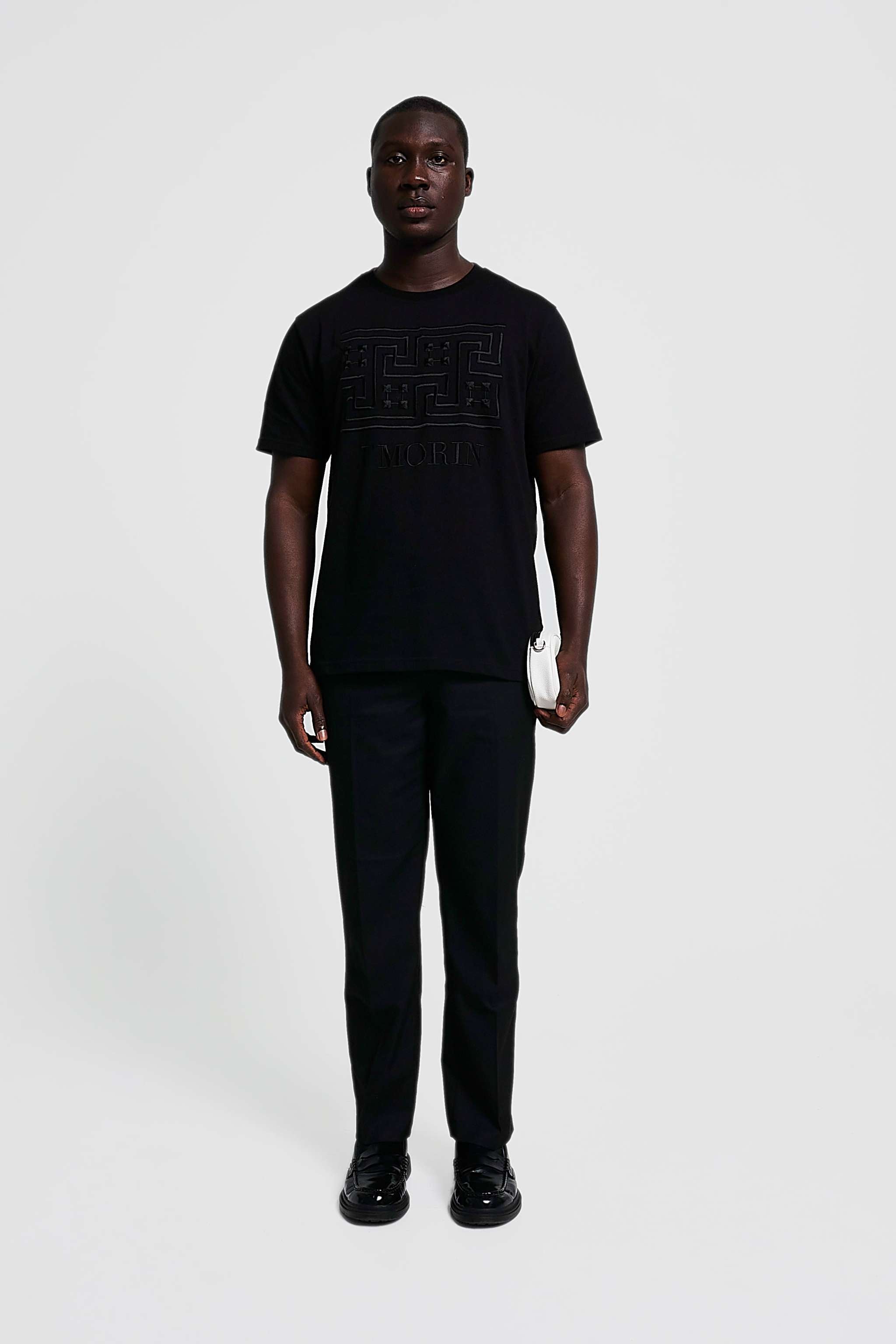 Embroidered Greek pattern short - sleeve, regular fit t-shirt -BLACK