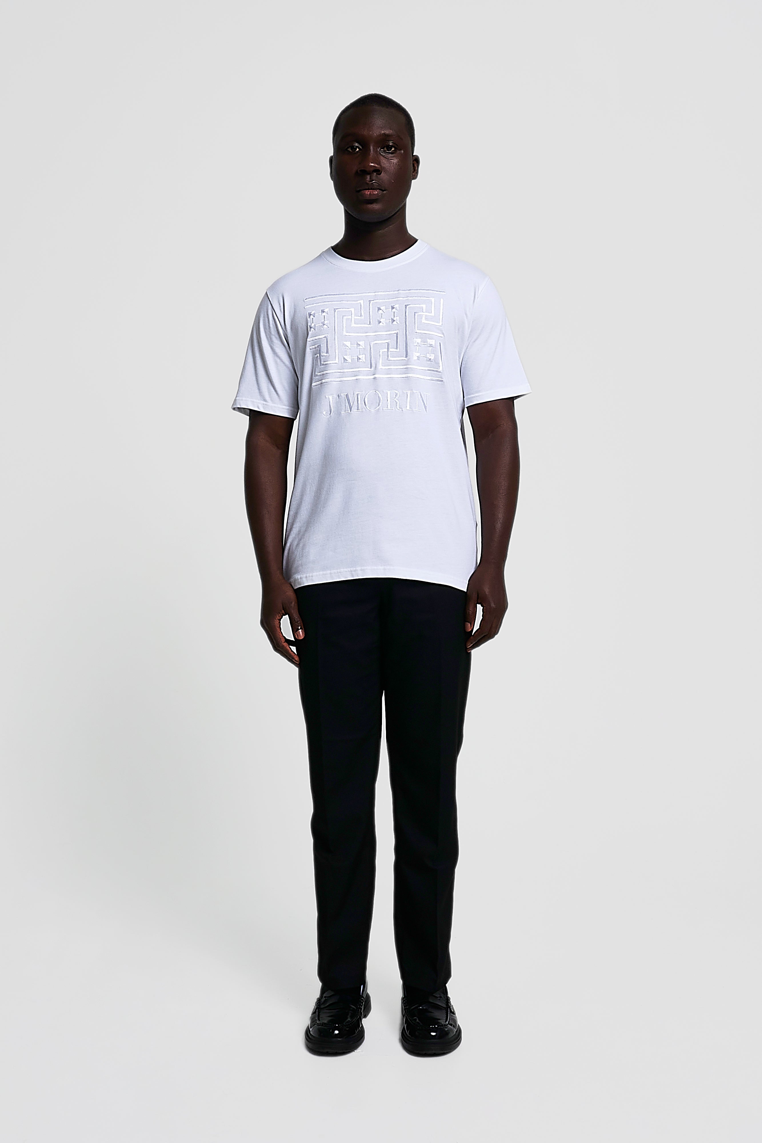 Embroidered Greek pattern short - sleeve, regular fit t-shirt -WHITE