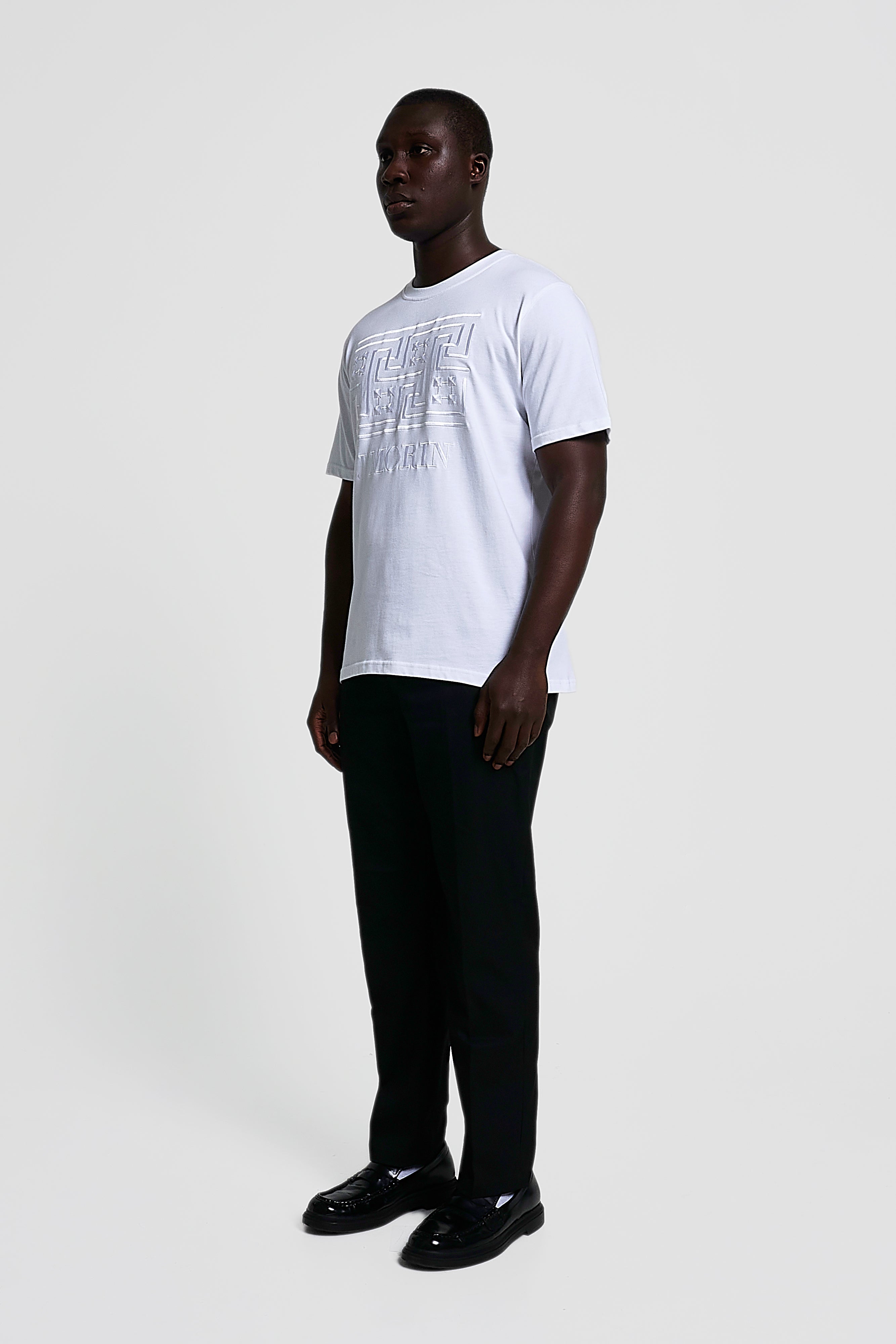 Embroidered Greek pattern short - sleeve, regular fit t-shirt -WHITE