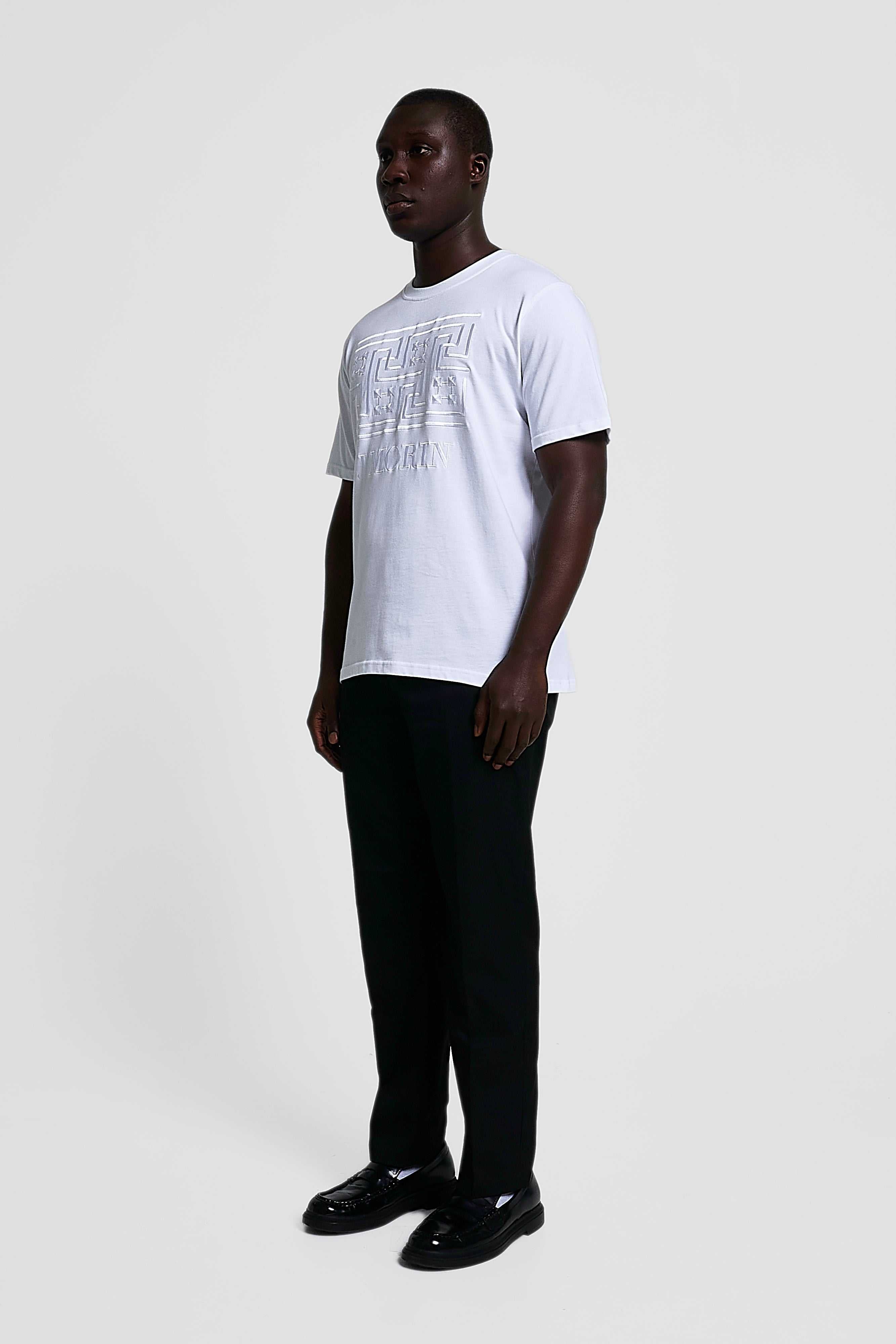 Embroidered Greek pattern short - sleeve, regular fit t-shirt -WHITE