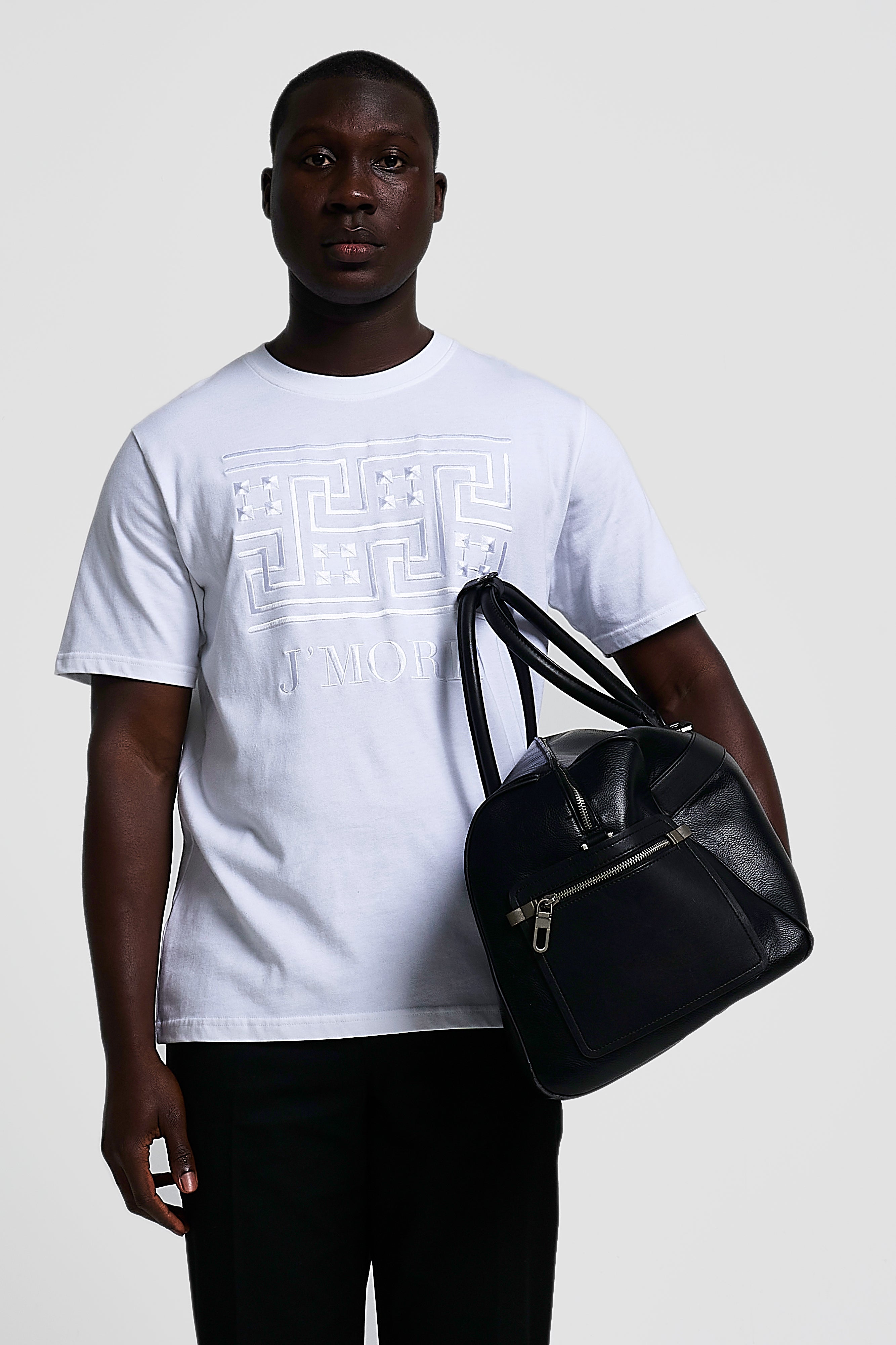 Embroidered Greek pattern short - sleeve, regular fit t-shirt -WHITE