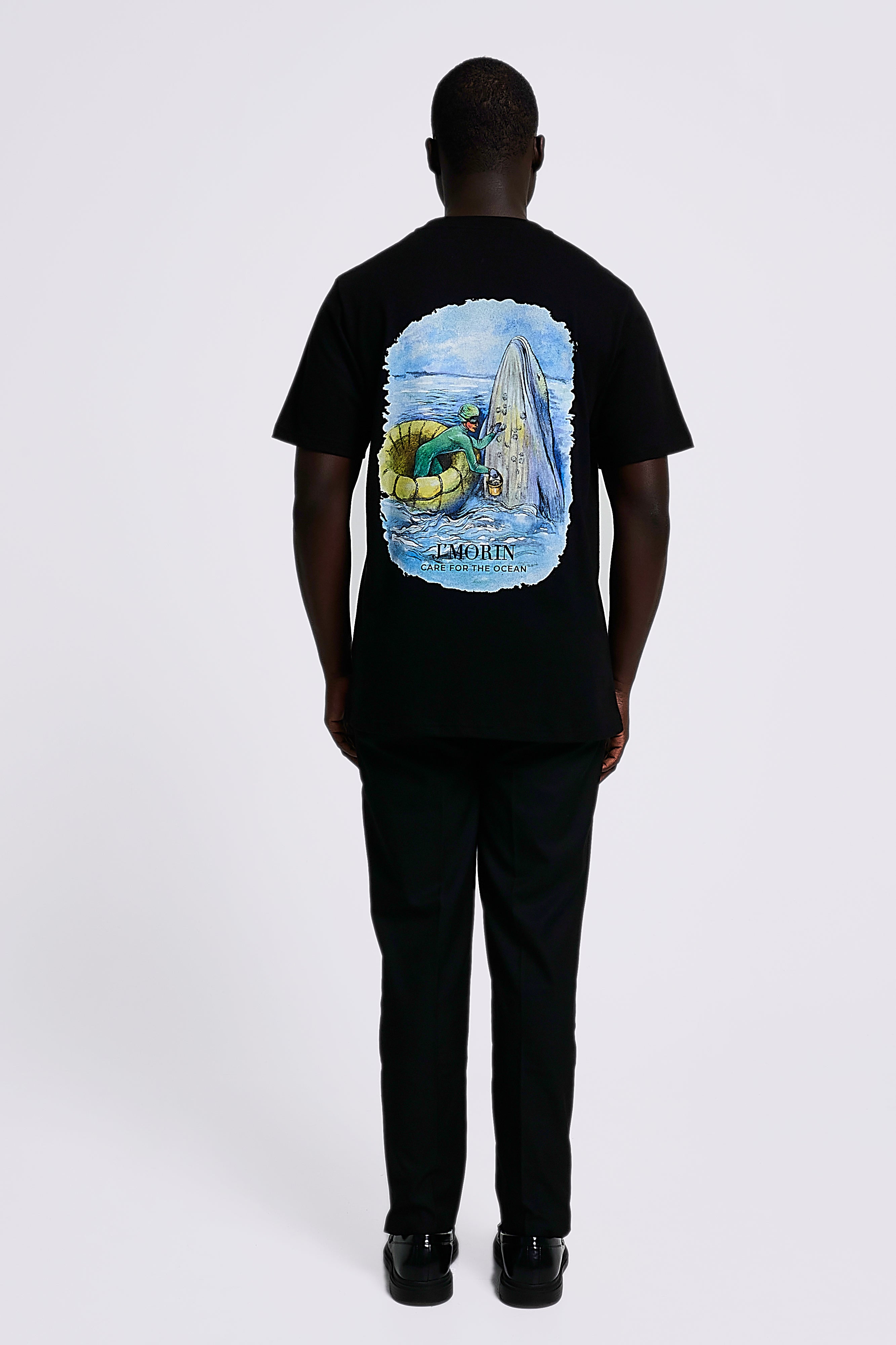 Regular fit t - shirt with Ocean Care illustration print. - BLACK