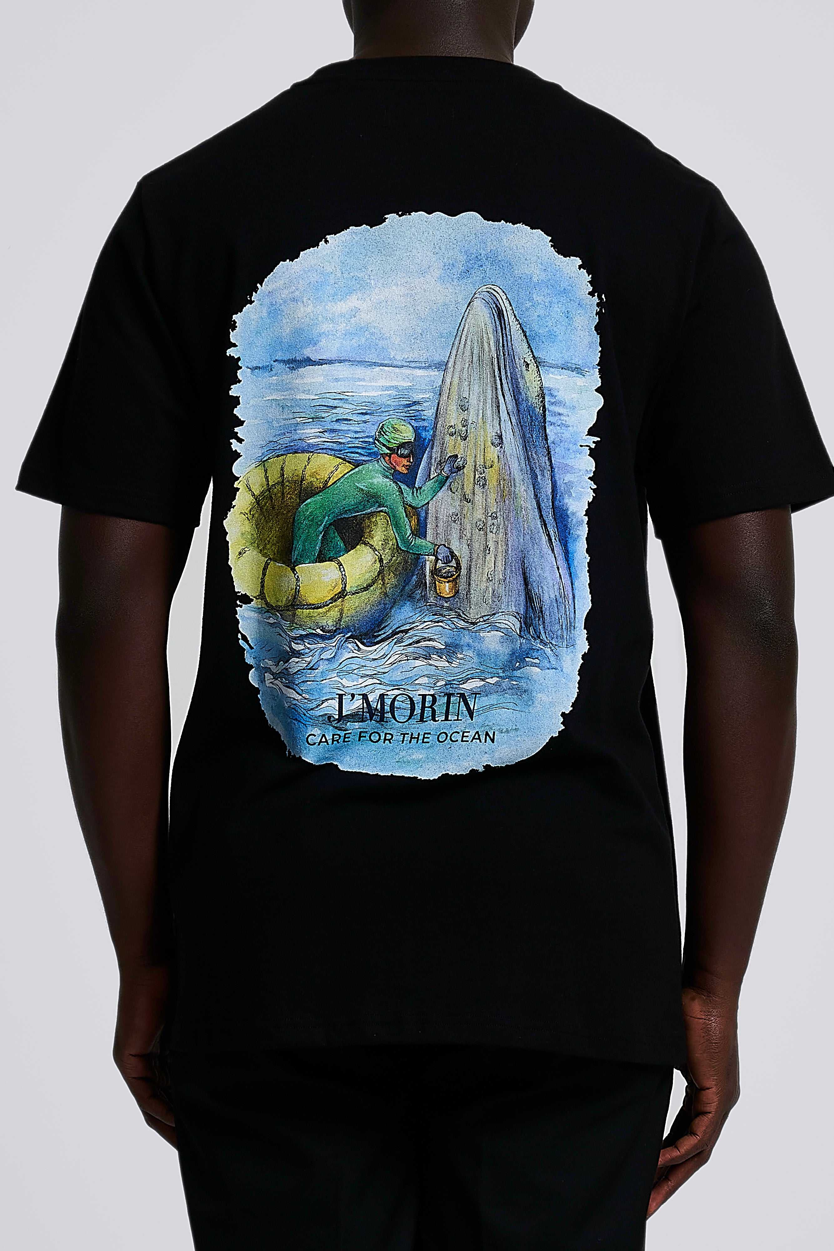 Regular fit t - shirt with Ocean Care illustration print. - BLACK