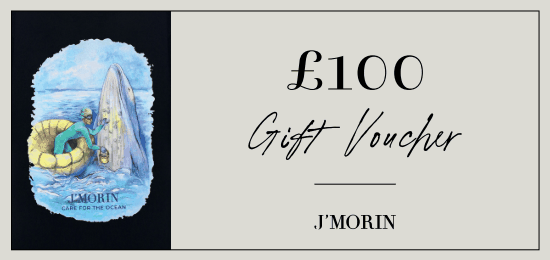 £100 J’MORIN gift voucher with marine-themed illustration for eco-conscious fashion and ocean conservation support