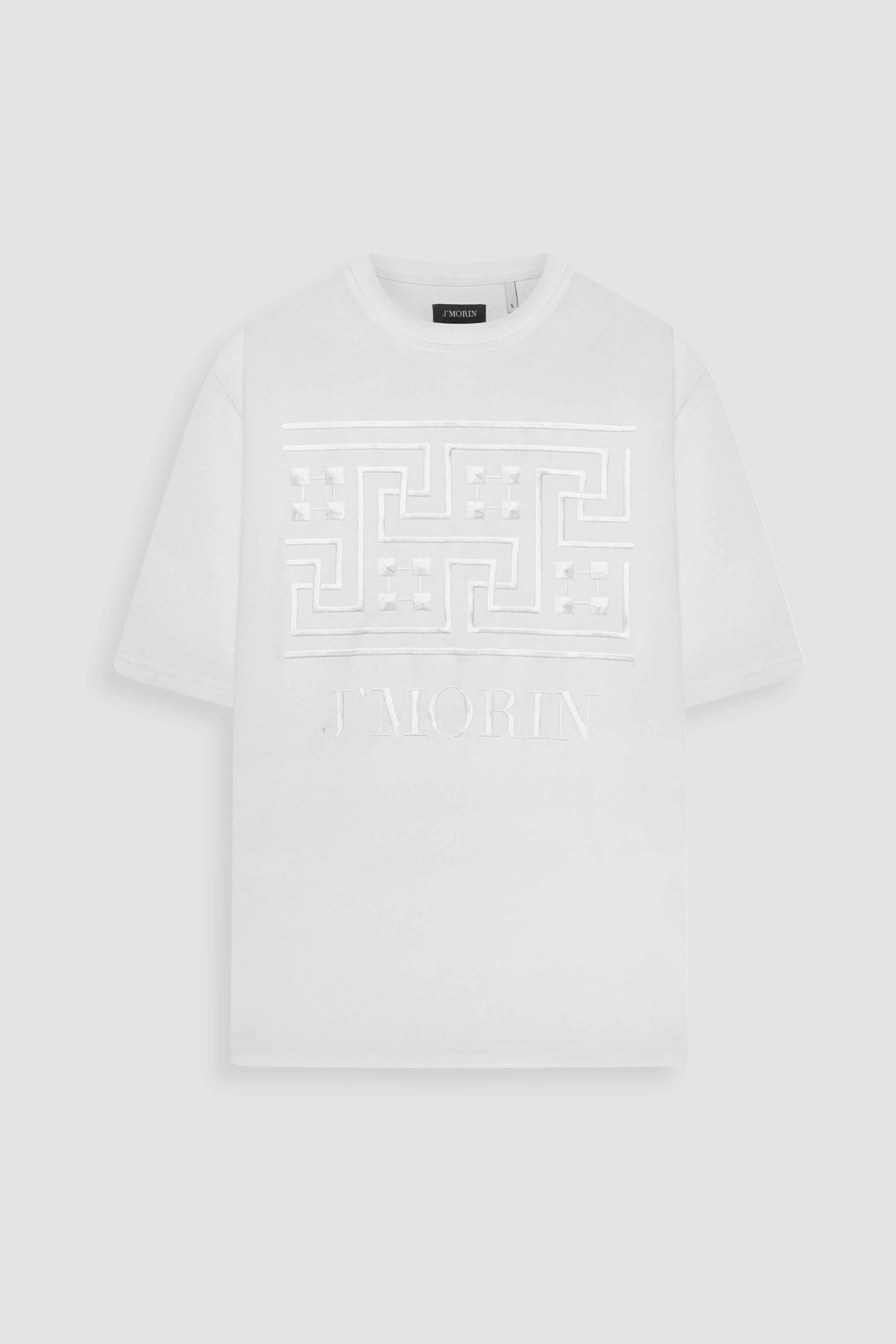Embroidered Greek pattern short - sleeve, regular fit t-shirt -WHITE
