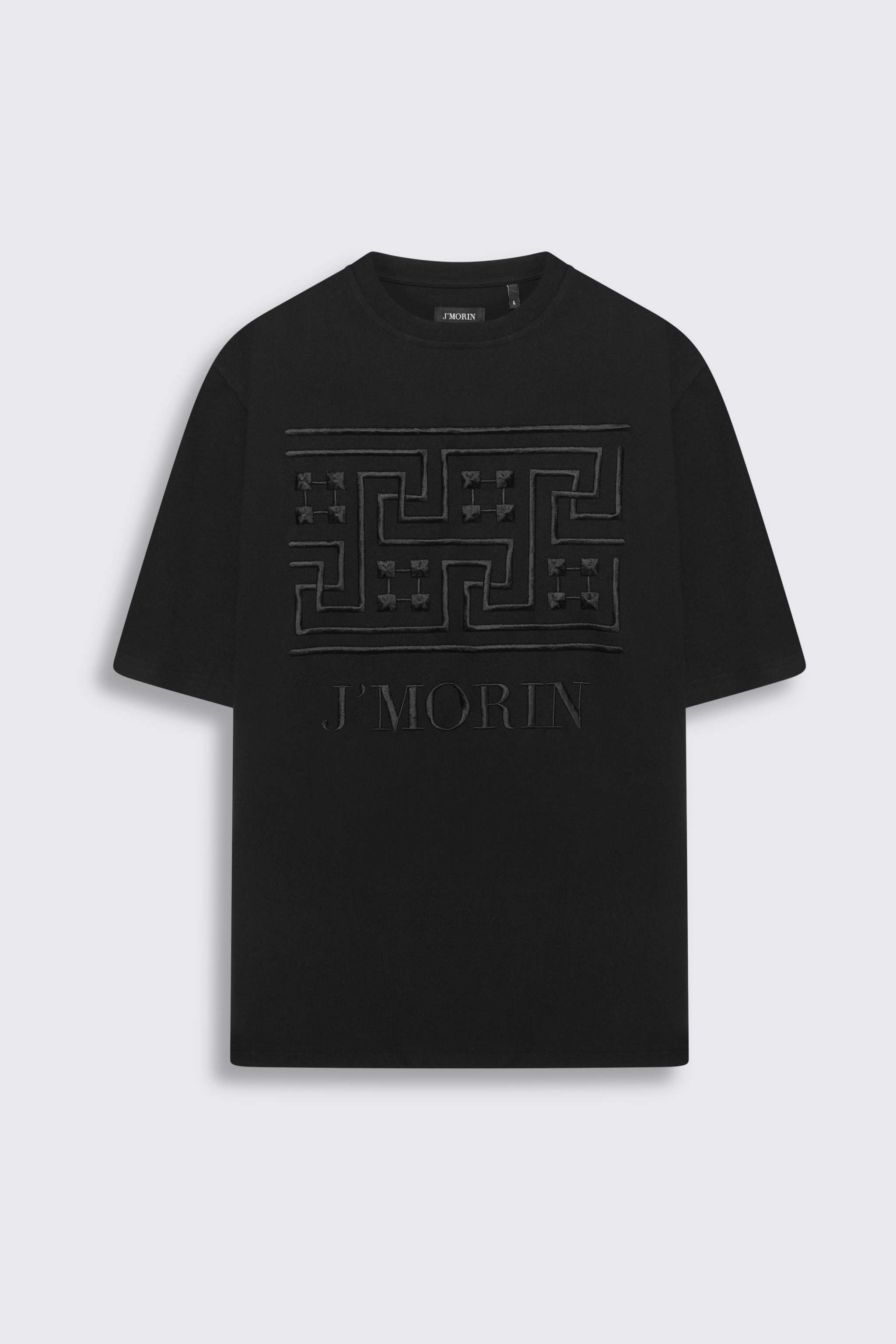 Embroidered Greek pattern short - sleeve, regular fit t-shirt -BLACK