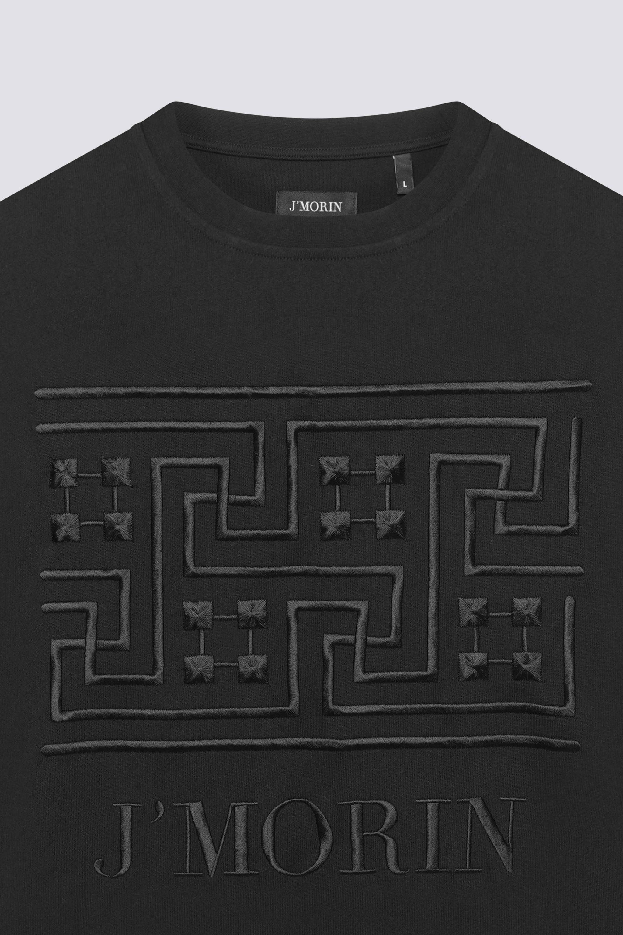 Embroidered Greek pattern short - sleeve, regular fit t-shirt -BLACK