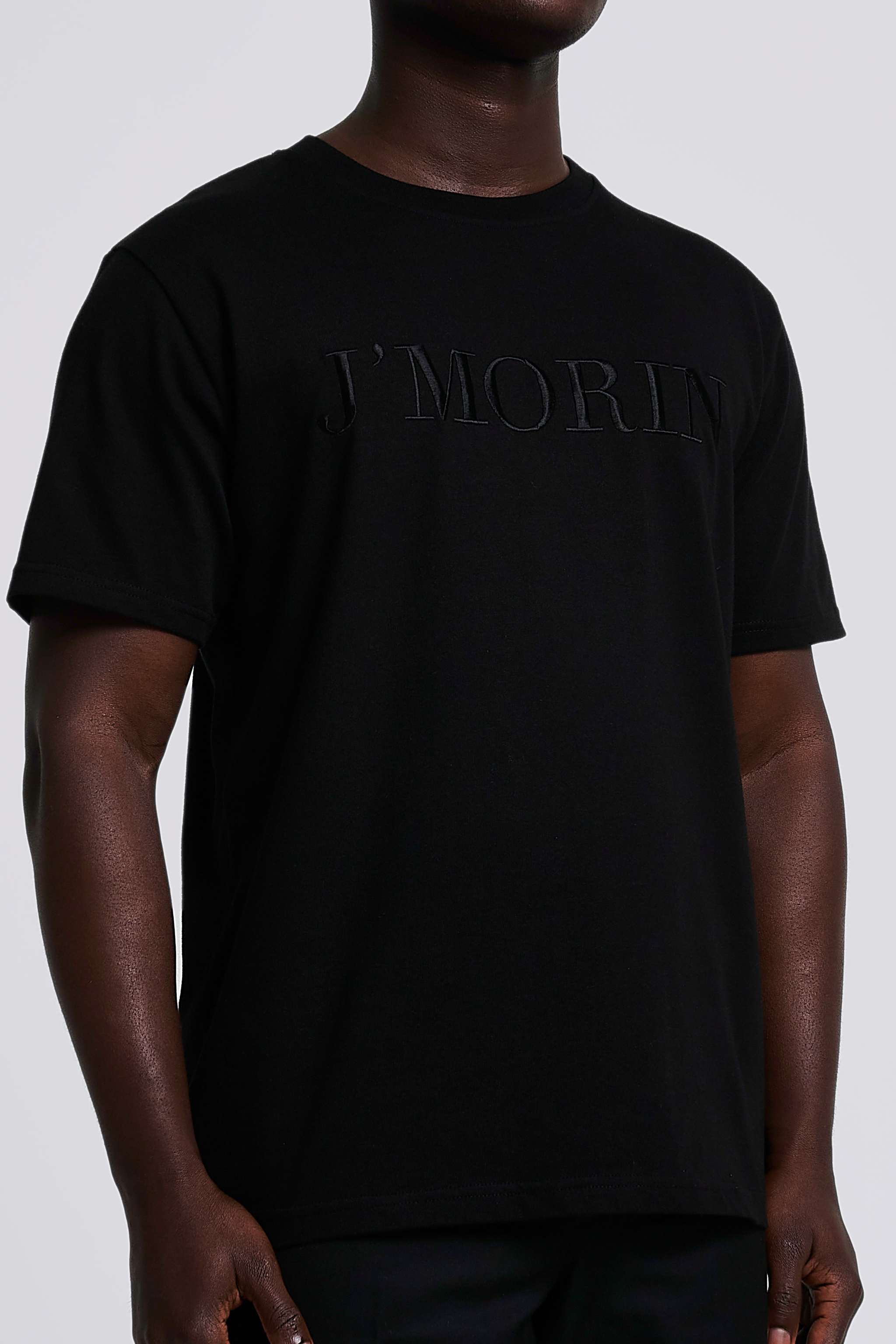 Elegant J'MORIN embroidered logo, short sleeve, regular fit t - shirt- BLACK